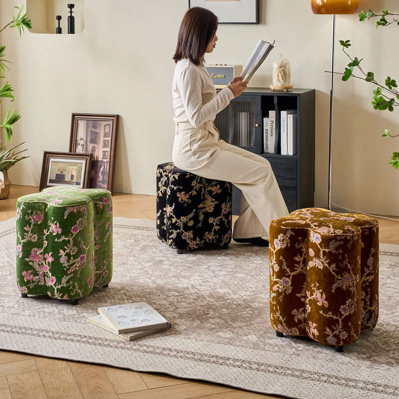 Traditional Chinese Pine Wood Sponge Chenille Velvet Petal-Shaped Low Stool Backless Armless For Entryway & Hallway
