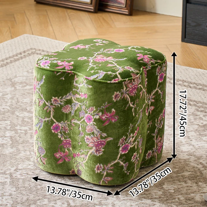 Traditional Chinese Pine Wood Sponge Chenille Velvet Petal-Shaped Low Stool Backless Armless For Entryway & Hallway