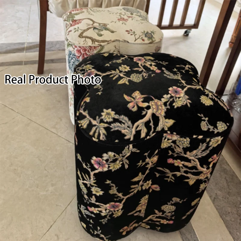Traditional Chinese Pine Wood Sponge Chenille Velvet Petal-Shaped Low Stool Backless Armless For Entryway & Hallway
