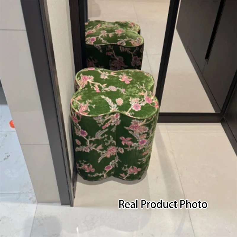 Traditional Chinese Pine Wood Sponge Chenille Velvet Petal-Shaped Low Stool Backless Armless For Entryway & Hallway