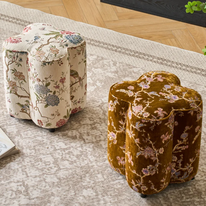 Traditional Chinese Pine Wood Sponge Chenille Velvet Petal-Shaped Low Stool Backless Armless For Entryway & Hallway