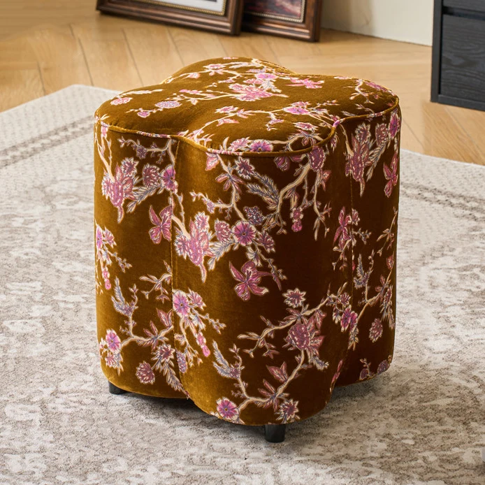Traditional Chinese Pine Wood Sponge Chenille Velvet Petal-Shaped Low Stool Backless Armless For Entryway & Hallway