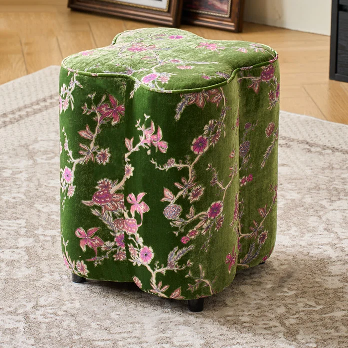 Traditional Chinese Pine Wood Sponge Chenille Velvet Petal-Shaped Low Stool Backless Armless For Entryway & Hallway