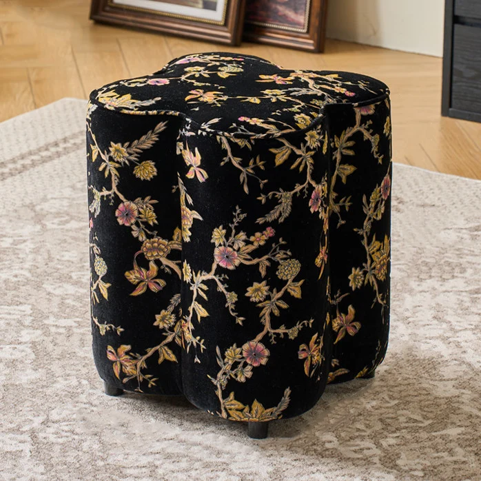 Traditional Chinese Pine Wood Sponge Chenille Velvet Petal-Shaped Low Stool Backless Armless For Entryway & Hallway