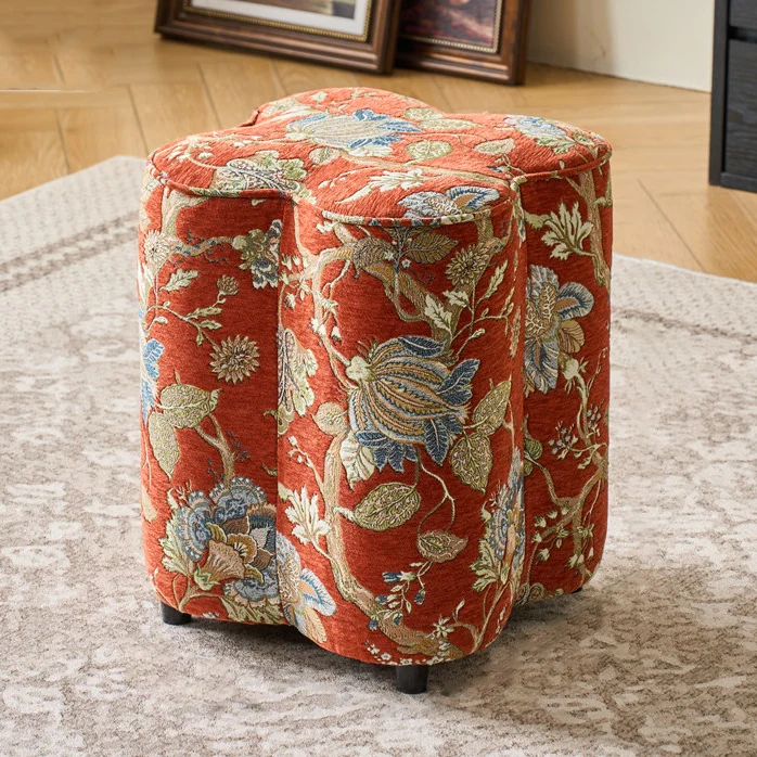 Traditional Chinese Pine Wood Sponge Chenille Velvet Petal-Shaped Low Stool Backless Armless For Entryway & Hallway