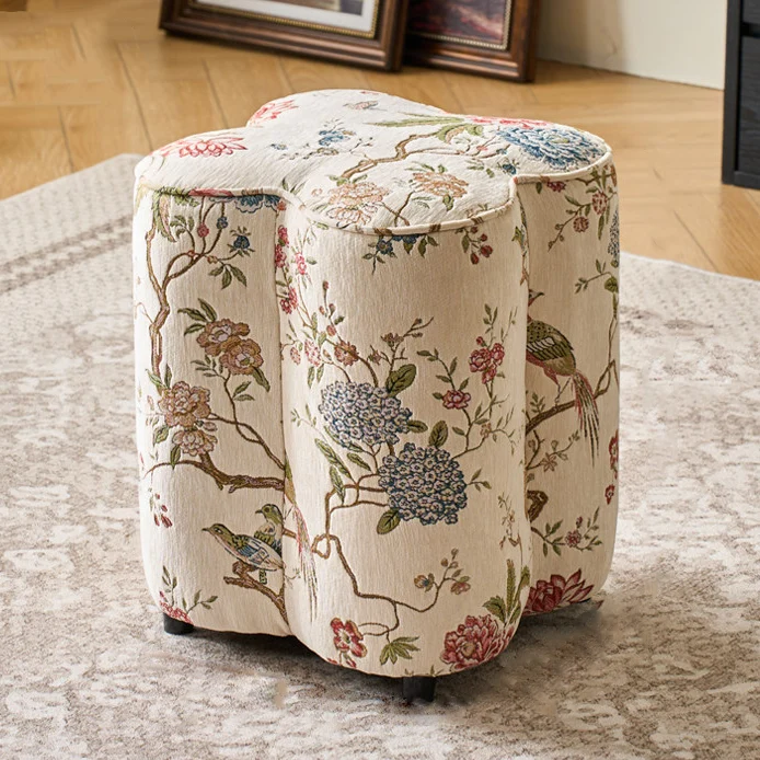 Traditional Chinese Pine Wood Sponge Chenille Velvet Petal-Shaped Low Stool Backless Armless For Entryway & Hallway