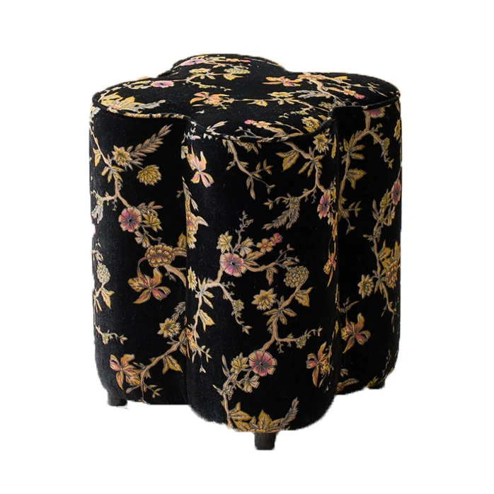 Traditional Chinese Pine Wood Sponge Chenille Velvet Petal-Shaped Low Stool Backless Armless For Entryway & Hallway