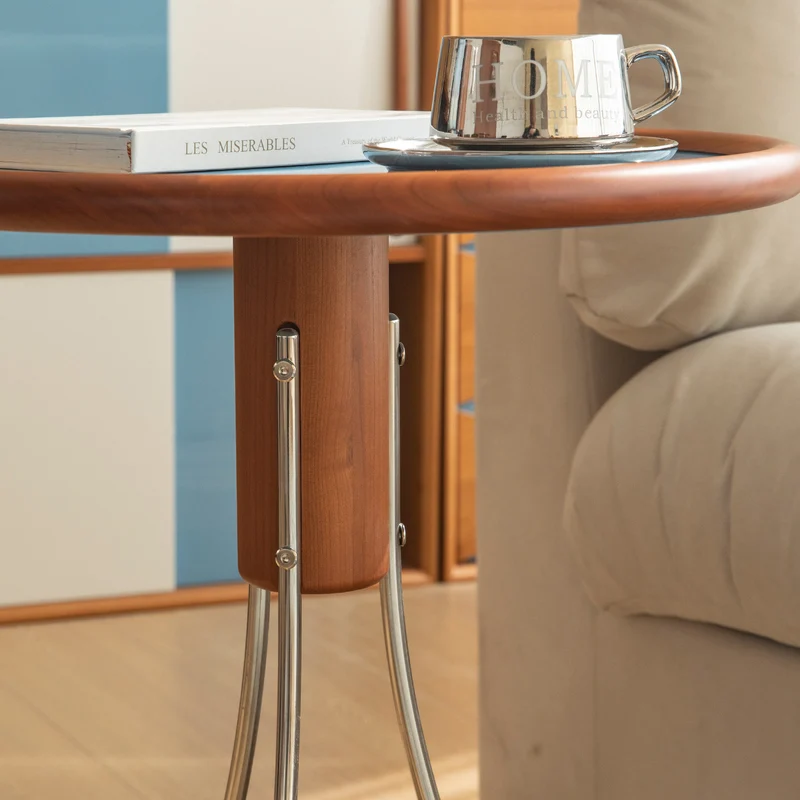 Modern Minimalist Cherry Wood Plywood Stainless Steel Jellyfish-Shaped End Table 1-Tier For Living Room