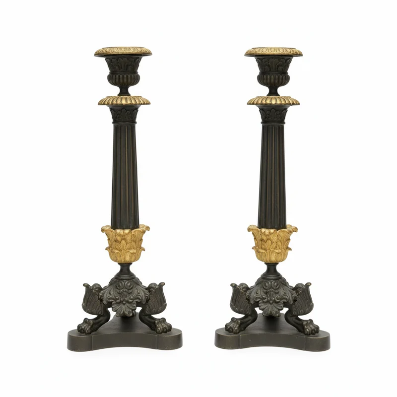 Pair of French tripod candlesticks in patinated and gilded bronze, Restoration style