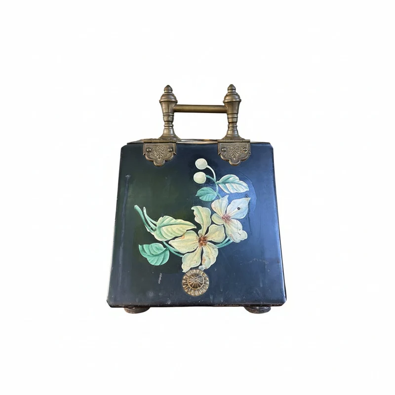 Coal box in black lacquered tin with polychrome floral decoration