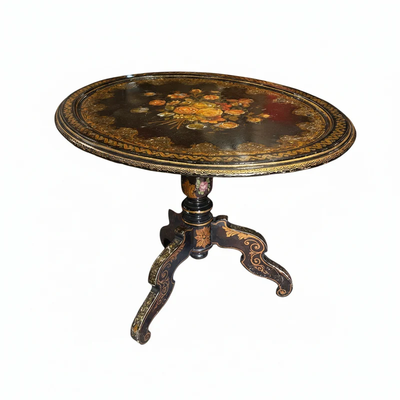 Napoleon III lacquered oval tripod gueridon with burgauté decoration and rose bouquet