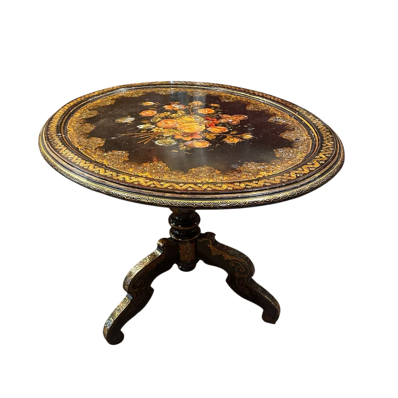 Napoleon III lacquered oval tripod gueridon with burgauté decoration and rose bouquet