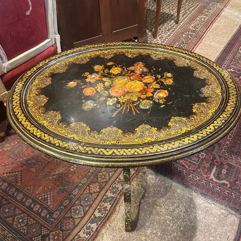 Napoleon III lacquered oval tripod gueridon with burgauté decoration and rose bouquet