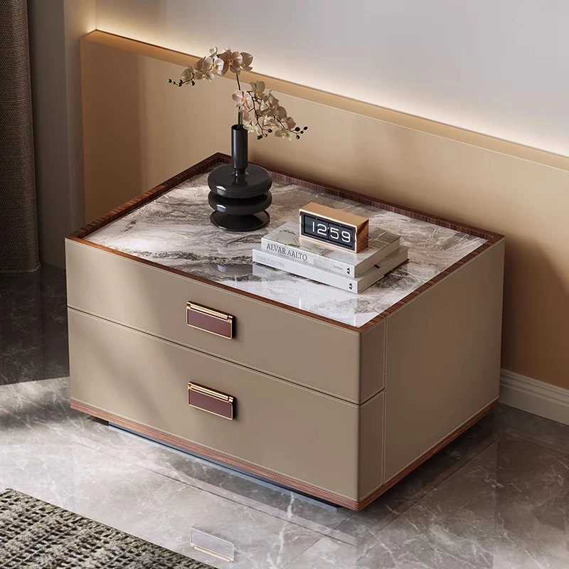 Modern Luxury Faux Leather Walnut Carbon Steel Stone Slab Rectangular Nightstand With 2 Drawers For Bedroom