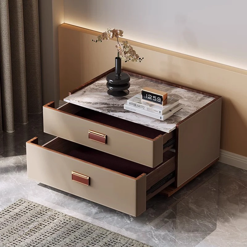 Modern Luxury Faux Leather Walnut Carbon Steel Stone Slab Rectangular Nightstand With 2 Drawers For Bedroom