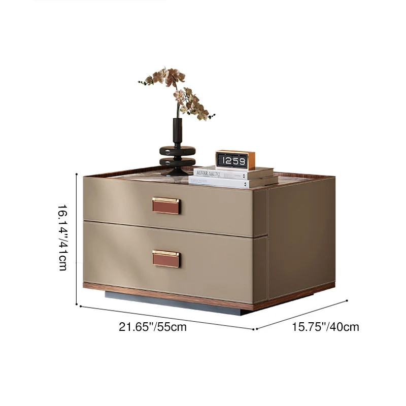Modern Luxury Faux Leather Walnut Carbon Steel Stone Slab Rectangular Nightstand With 2 Drawers For Bedroom