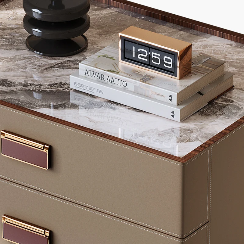 Modern Luxury Faux Leather Walnut Carbon Steel Stone Slab Rectangular Nightstand With 2 Drawers For Bedroom