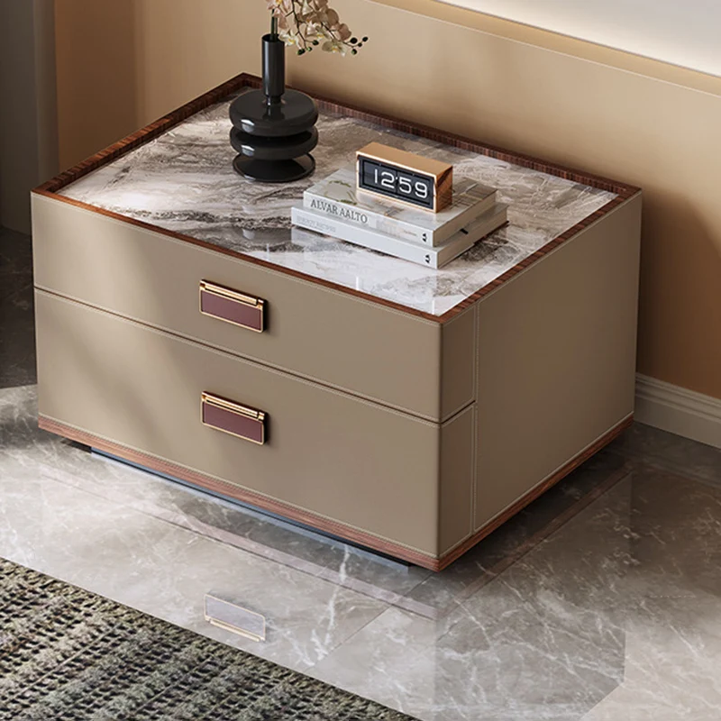 Modern Luxury Faux Leather Walnut Carbon Steel Stone Slab Rectangular Nightstand With 2 Drawers For Bedroom