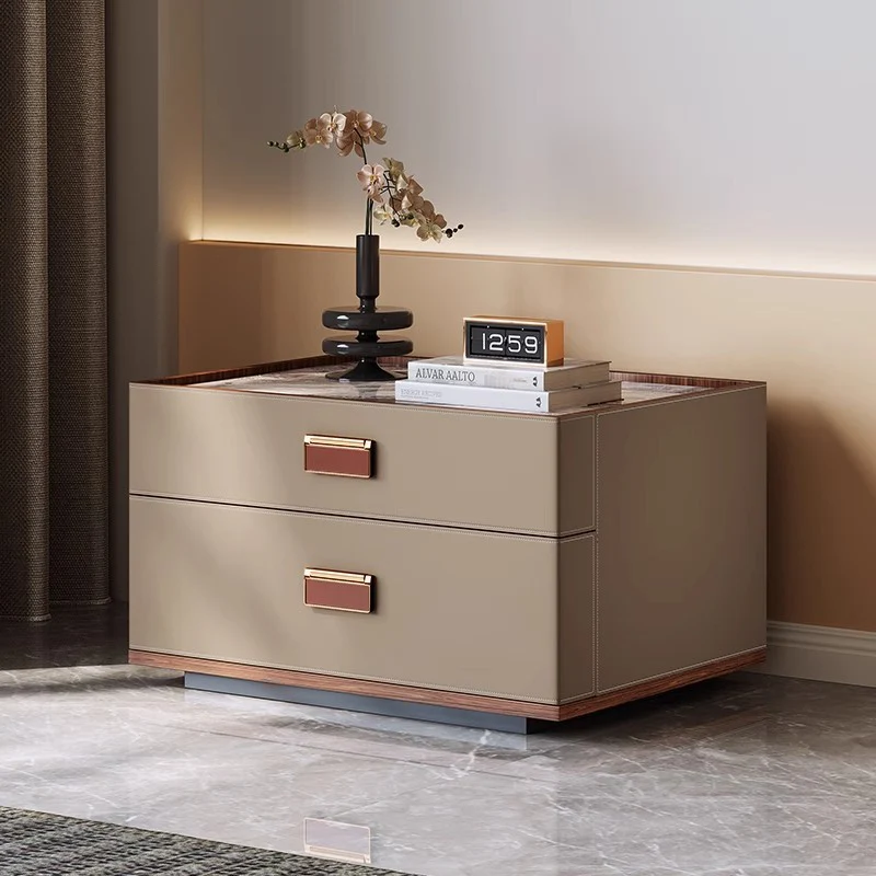 Modern Luxury Faux Leather Walnut Carbon Steel Stone Slab Rectangular Nightstand With 2 Drawers For Bedroom