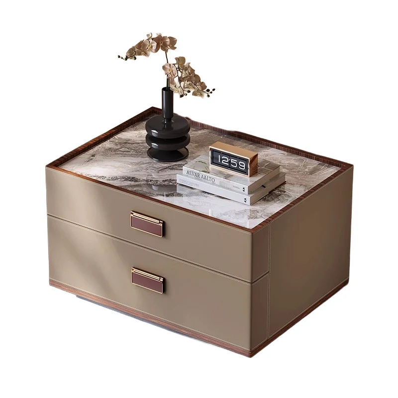 Modern Luxury Faux Leather Walnut Carbon Steel Stone Slab Rectangular Nightstand With 2 Drawers For Bedroom