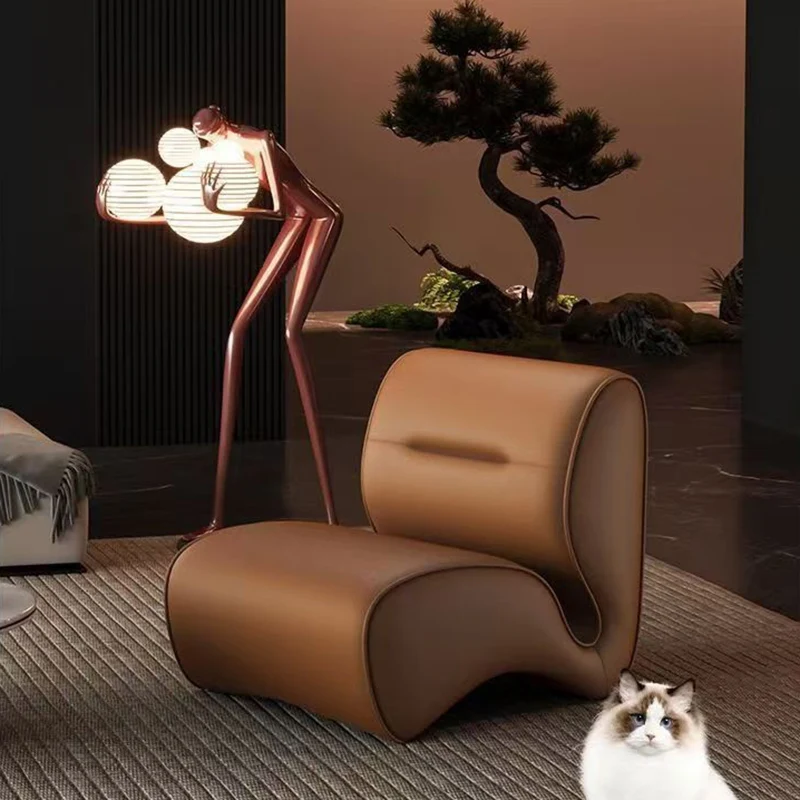 Modern Minimalist Cat-Scratch Leather Carbon Steel Rounded Accent Sofa With Backrest For Living Room & Bedroom