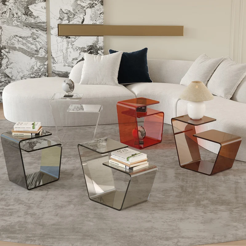 Contemporary Scandinavian Acrylic Curved Number 6 Shape Side Table With 3-Tier For Living Room