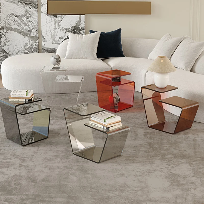 Contemporary Scandinavian Acrylic Curved Number 6 Shape Side Table With 3-Tier For Living Room