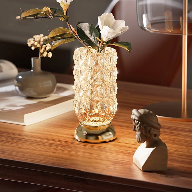 Modern Luxury Round Glass Aluminum Alloy LED Decorative Vase Table Lamp For Bedroom