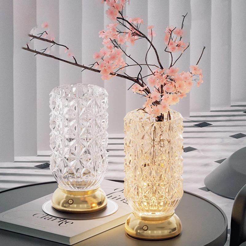 Modern Luxury Round Glass Aluminum Alloy LED Decorative Vase Table Lamp For Bedroom