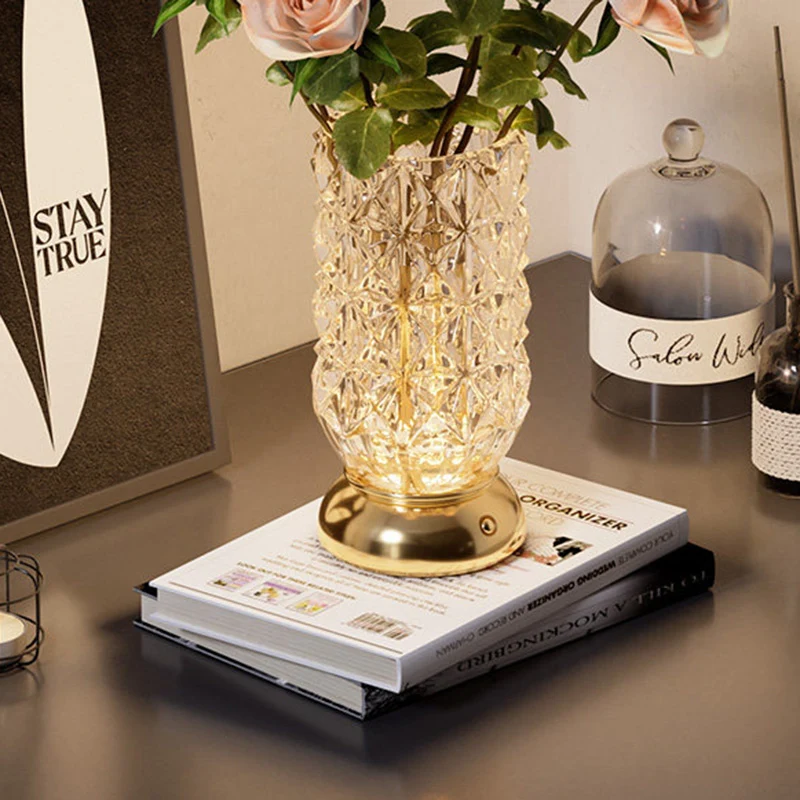 Modern Luxury Round Glass Aluminum Alloy LED Decorative Vase Table Lamp For Bedroom