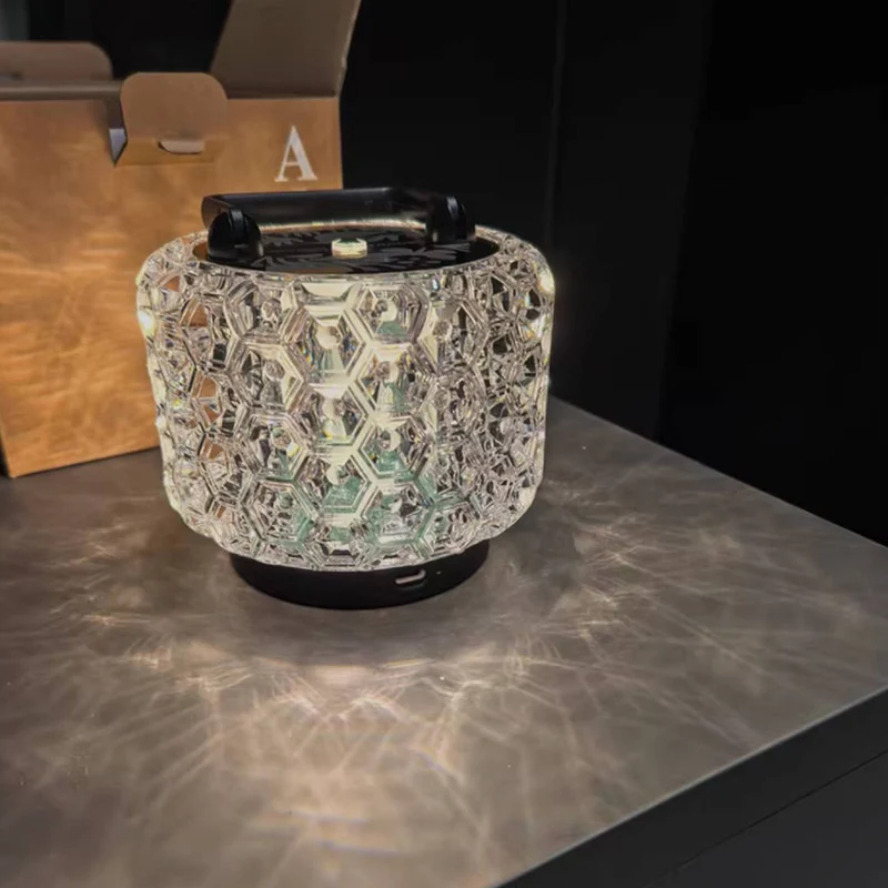 Modern Luxury Round Acrylic Aluminum Alloy Carved Pattern LED Table Lamp For Bedroom
