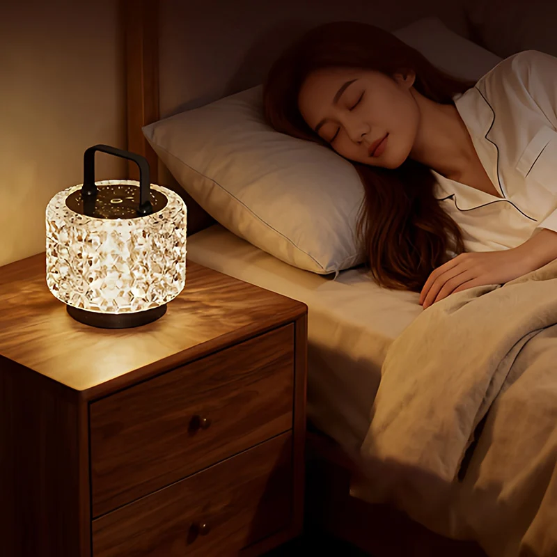 Modern Luxury Round Acrylic Aluminum Alloy Carved Pattern LED Table Lamp For Bedroom