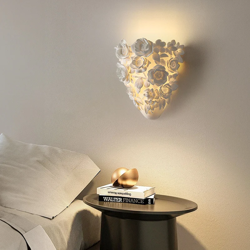 Traditional French Floral Relief Resin Iron LED Wall Sconce Lamp For Living Room