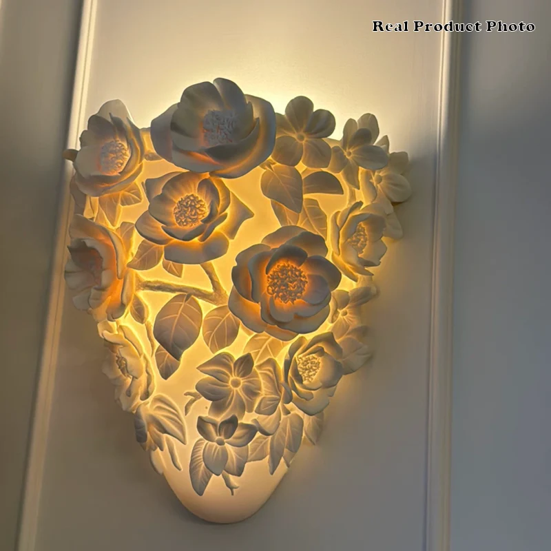Traditional French Floral Relief Resin Iron LED Wall Sconce Lamp For Living Room
