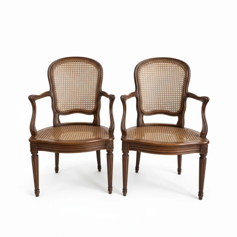 Pair of French caned armchairs in carved and molded wood, Louis XV style