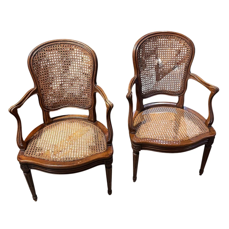 Pair of French caned armchairs in carved and molded wood, Louis XV style