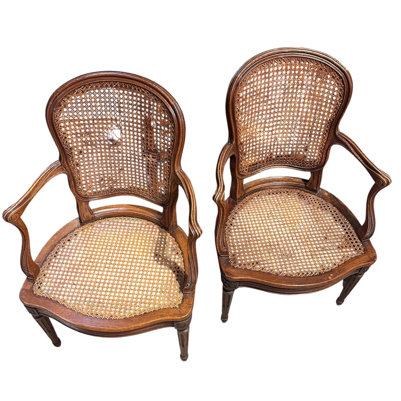 Pair of French caned armchairs in carved and molded wood, Louis XV style
