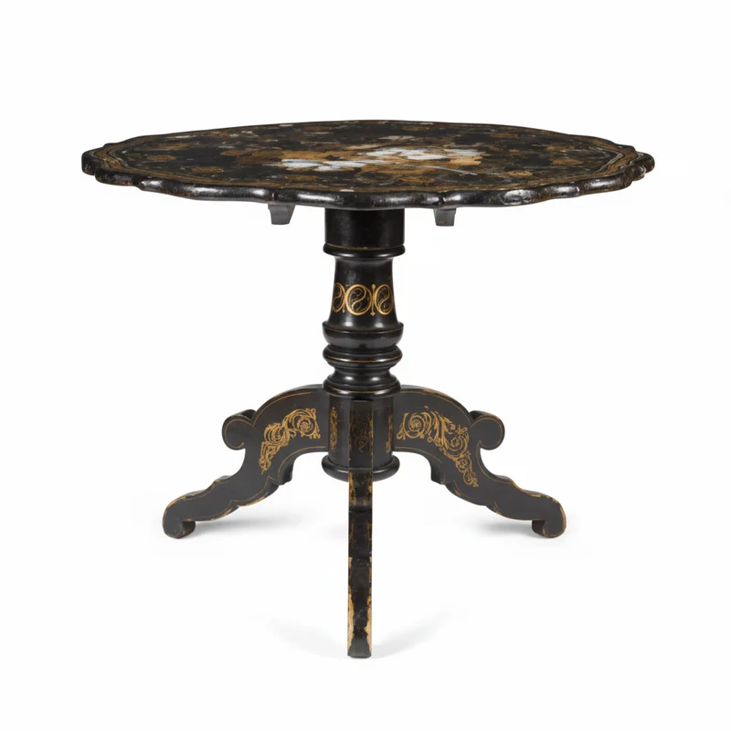 Round lobed tripod gueridon Napoleon III with bourgauté decoration and bird