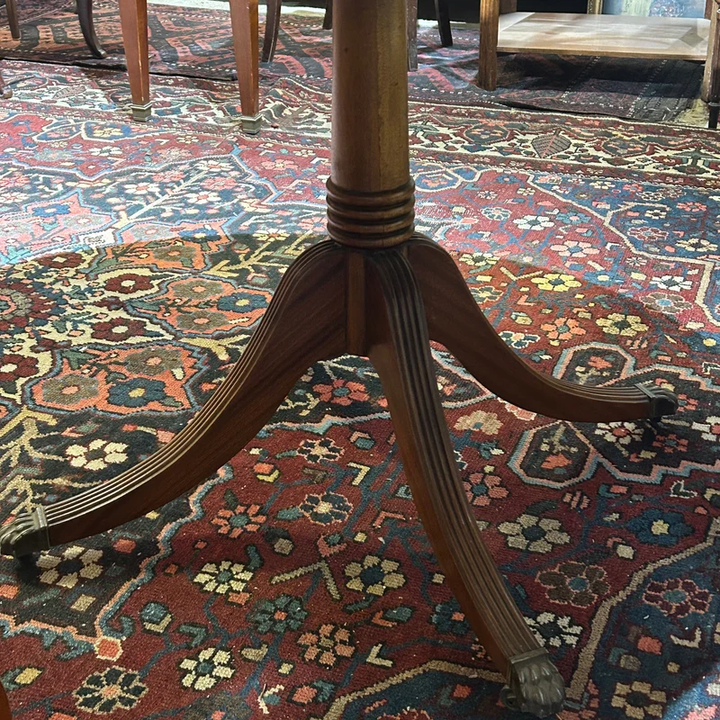 English round Edwardian table, blond mahogany, lion's feet in bronze