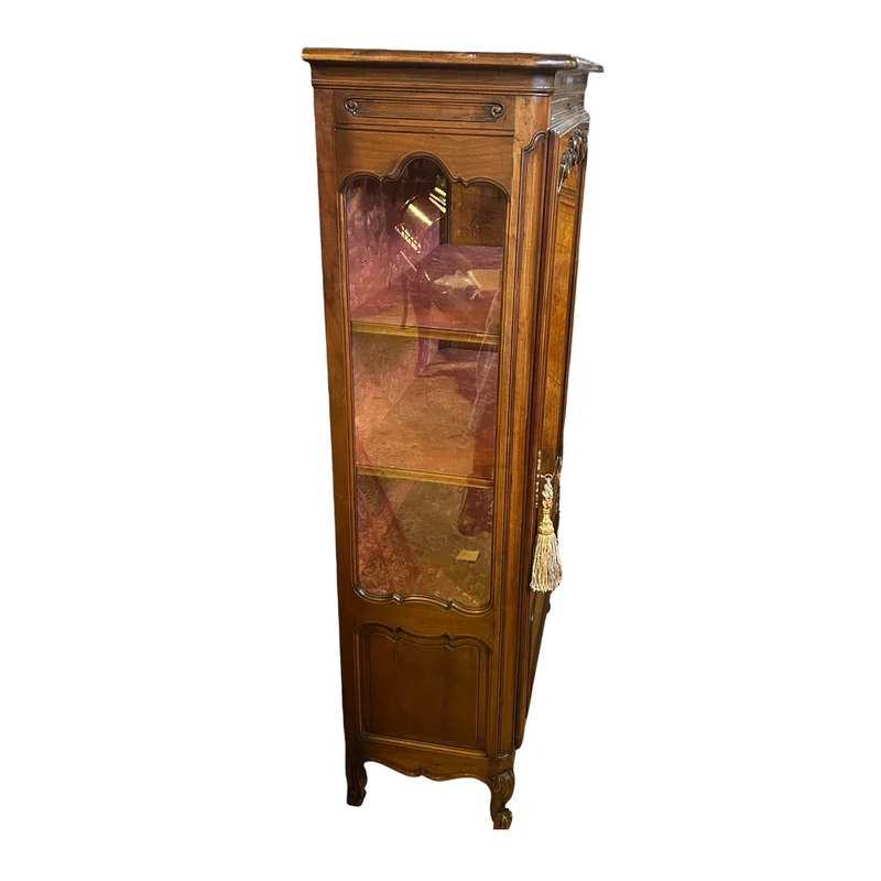 Pair of French Louis XV display cabinets in carved mahogany and floral tapestry