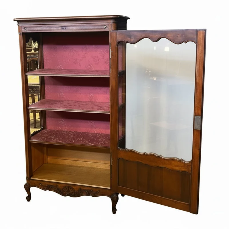 Pair of French Louis XV display cabinets in carved mahogany and floral tapestry
