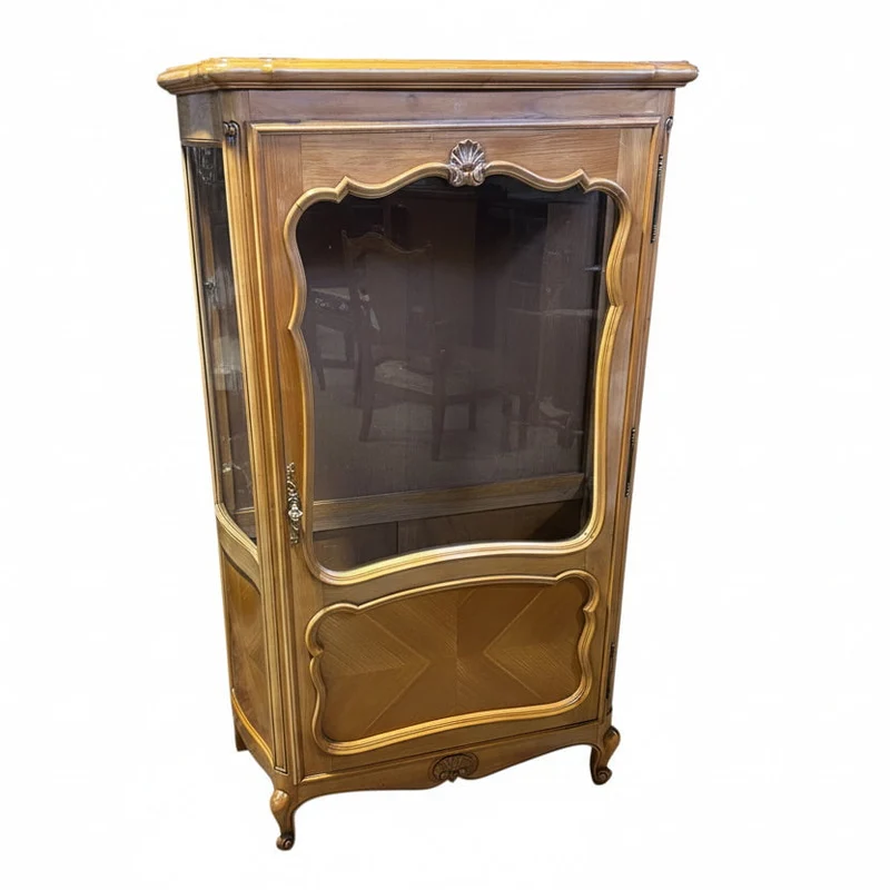 Contemporary French Louis XV bombé display cabinet with carved wood and interior mirror