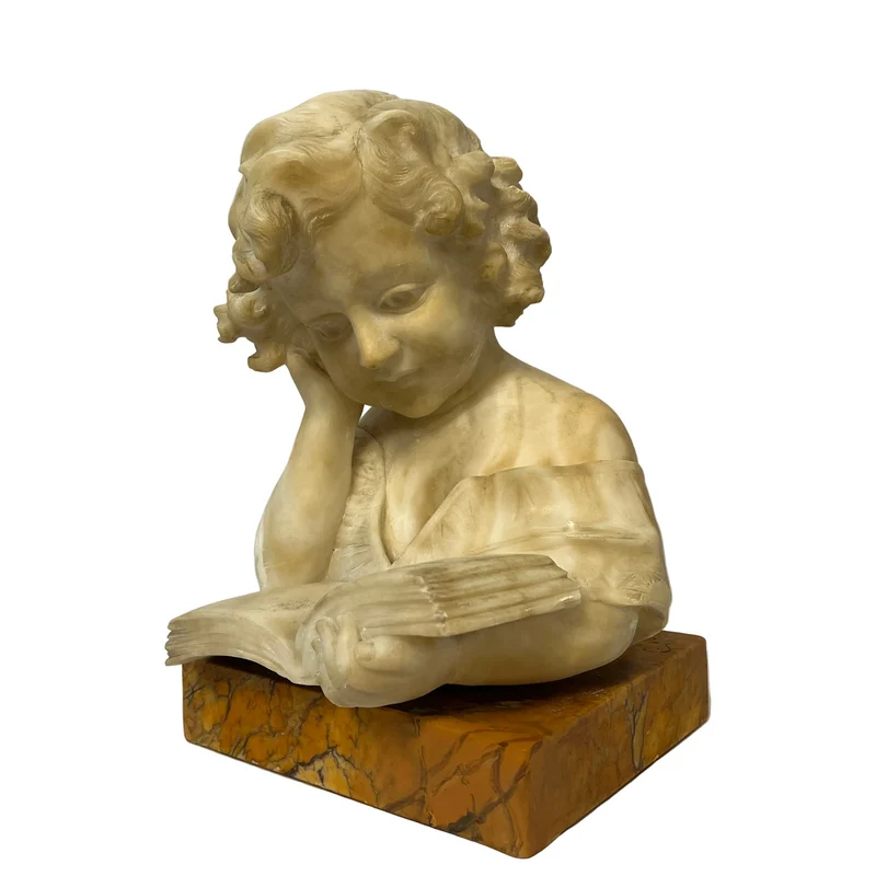 Alabaster sculpture 'Girl Reading' signed Christophoro Vicari (1846–1913)