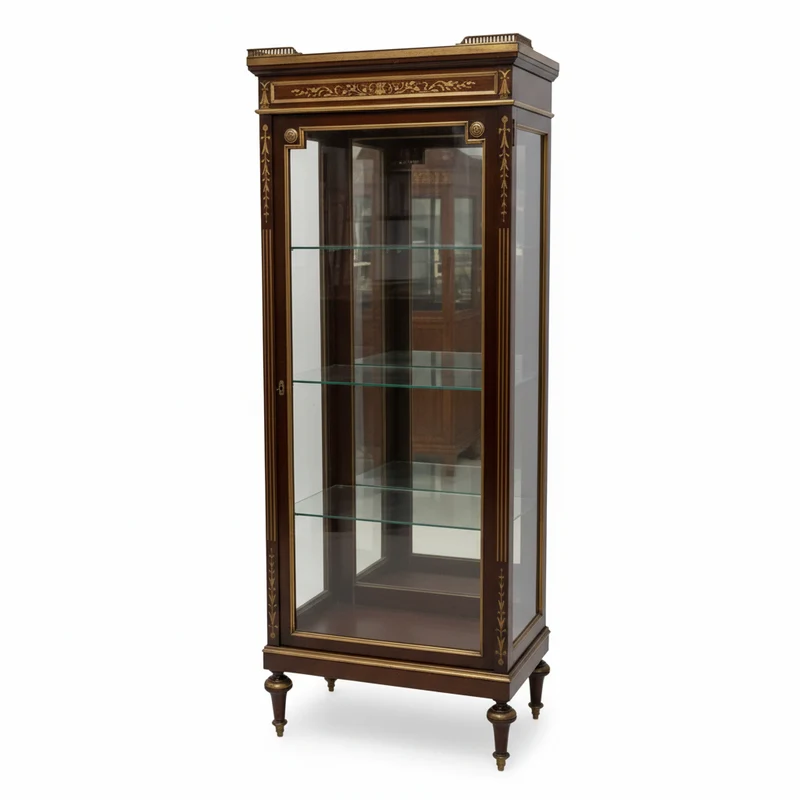 Display cabinet in mahogany with boulle marquetry and marble