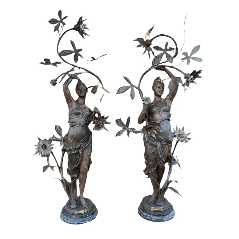 Pair of pewter lamps, two women and flowers 'La Rose, L'oeillet'