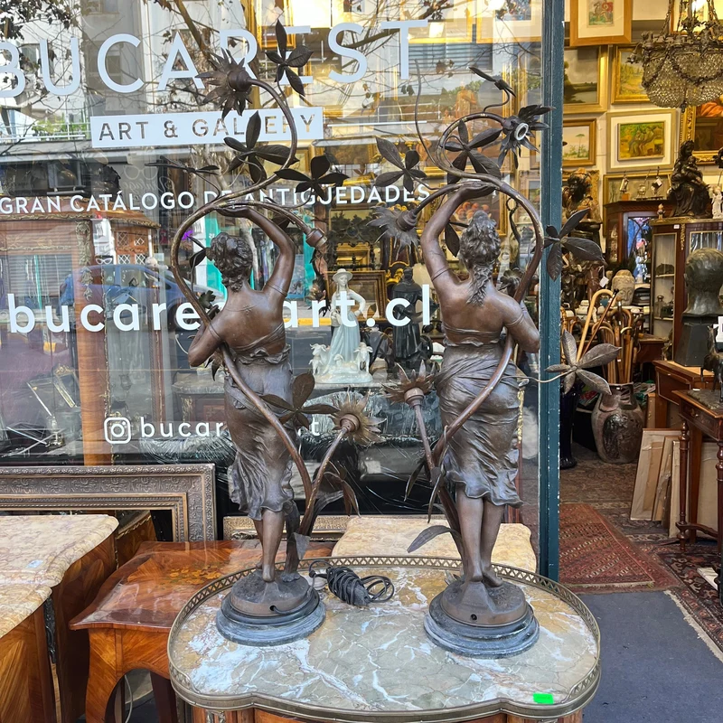 Pair of pewter lamps, two women and flowers 'La Rose, L'oeillet'