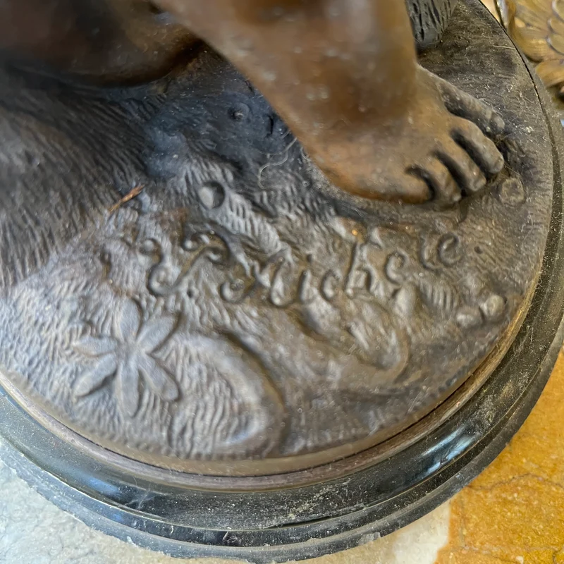 Pair of pewter lamps, two women and flowers 'La Rose, L'oeillet'