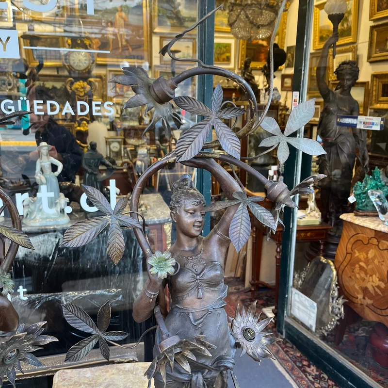 Pair of pewter lamps, two women and flowers 'La Rose, L'oeillet'