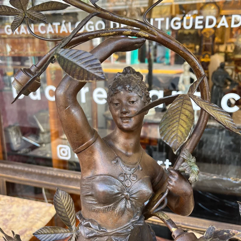 Pair of pewter lamps, two women and flowers 'La Rose, L'oeillet'