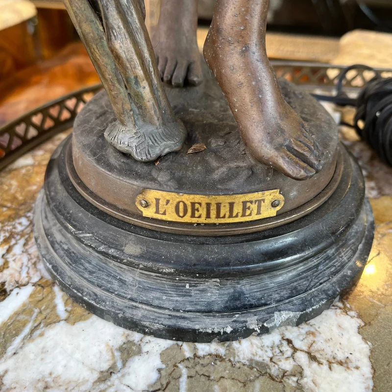 Pair of pewter lamps, two women and flowers 'La Rose, L'oeillet'